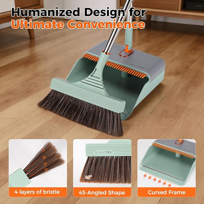 Broom and Dustpan Set with Adjustable Handle, Upright Design, Built-in Comb Teeth, Mint Green, for Home Office Hardwood Floors Pet Hair (Green/Gray)