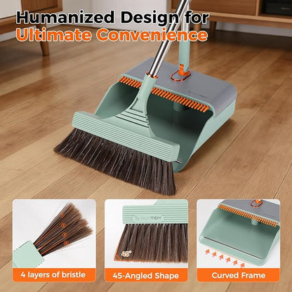 Broom and Dustpan Set with Adjustable Handle, Upright Design, Built-in Comb Teeth, Mint Green, for Home Office Hardwood Floors Pet Hair (Green/Gray)