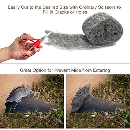 Steel Wool Mice Control - 2 Pcs 2.36"×9.84Ft Steel Wool for Wall Hole/Gap Filler - Best Thing to Get Rid of Mice - Keep Animals Away from Cracks,Siding,Pipeline,Vents in Garden/House/Garage/Kitchen