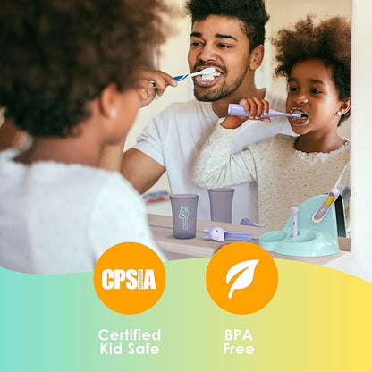 Brusheez Kids’ Electric Toothbrush Set - Safe & Effective for Ages 3+ - Parent Tested & Approved with Gentle Bristles, 2 Brush Heads, Rinse Cup, 2-Minute Timer, & Storage Base (Jovie the Giraffe)
