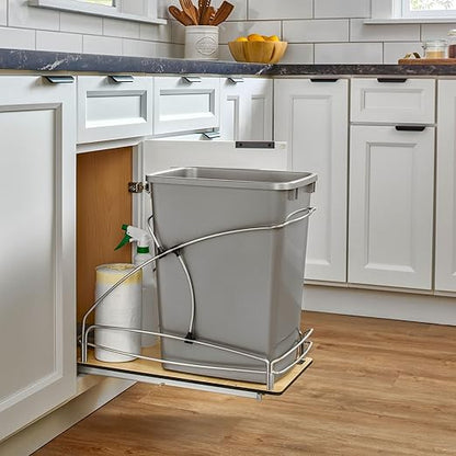 Rev-A-Shelf 35 Qt / 8.75 Gal Steel Bottom Mount Single Pullout Waste Container w/Soft-Close for Base Cabinets, Min Opening Width of 11", Silver, 54WC-1535SC-17-1