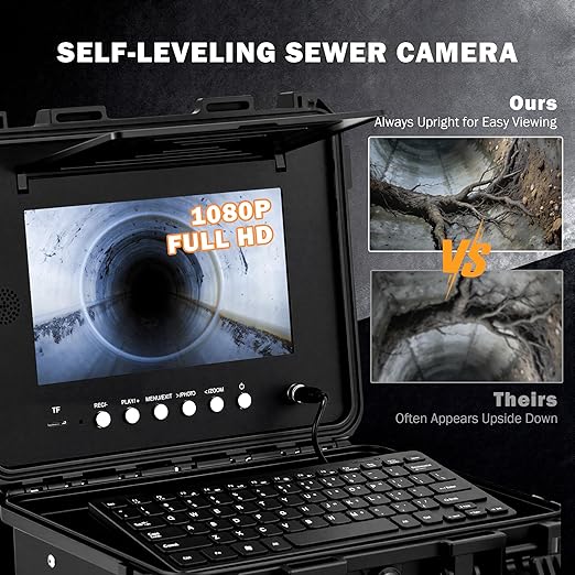 ZELCAN 10.1" Self-Leveling Sewer Camera with 512Hz Locator, Sewer Inspection Camera with 100 ft. Cable & Digital Length Counter, Rechargeable Drain Pipe Camera with Keyboard & 12 LED Lights