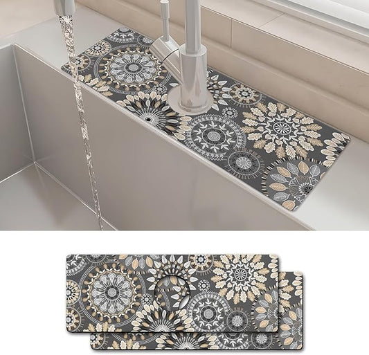 2PCS 15" X 5.5" Kitchen Sink Splash Guard Faucet Mat Mandala Super Absorbent Fast Drying Faucet Guard & Draining Mat Sink Splash Guard Behind Faucet for Kitchen, Bathroom