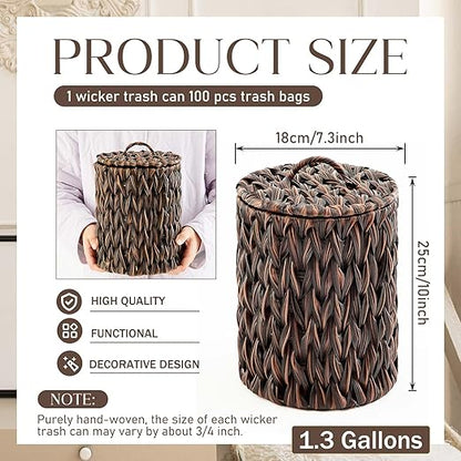 Ctosree 1.3 Gallons Small Trash Can with Lid Handle Boho Woven Braided Bathroom Waste Basket Trash Can with 100 Garbage Bags for Bedroom Office Laundry(Braided Polypropylene, Dark Brown)