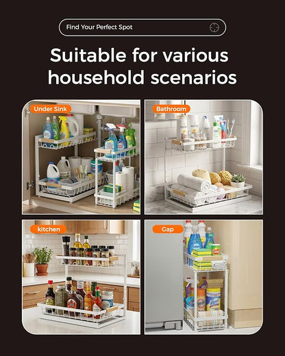 Sevenblue 3 Pack Under Sink Organizer, Multi-Purpose 2 Tier Pull-Out Metal Under Kitchen Sink Organizer, Height Adjustable Storage Shelves for Kitchen Bathroom Cabinet (White)