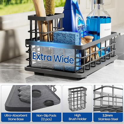 Extra Large Kitchen Sink Caddy Organizer, Stainless Steel Sponge Holder for Kitchen Sink with Brush Holder, Diatomite Stone Sink Tray for Soap Dispenser, Sponge, Kitchen Essentials and Gadgets, Grey