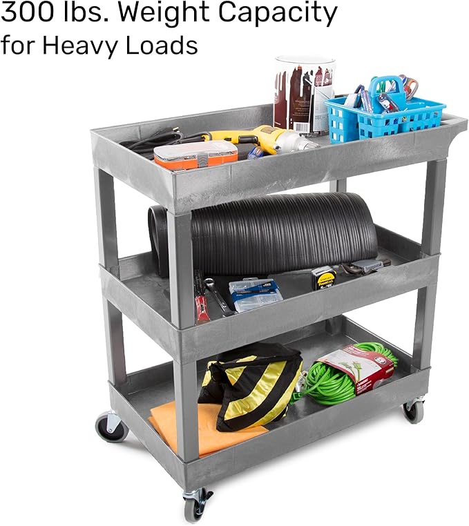 Tubstr 3-Tier Rolling Utility Cart with Wheels | Supports 300 lbs. Total | Heavy-Duty Capacity for Garage Storage, Office Spaces, & Kitchen Use | Durable Tool Cart with Locking Wheels (Gray, 32 x 18)