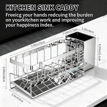 HoMaNa Sponge Holder for Kitchen Sink, Stainless Steel Sink Caddy Organizer, 30° Tilt Self-Drainage, Sponge Holder with Dish Brush Holder, Removable Dishcloth Rack for Kitchen Storage Box, Silver