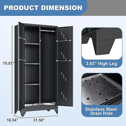 VASAAOSD Metal Garage Storage Cabinet with Locking Doors, 71" Tall Broom Closet Storage Cabinet, Heavy Duty Garage Organization Cabinets, Steel Cabinet with Hanging Rod, Assembly Required