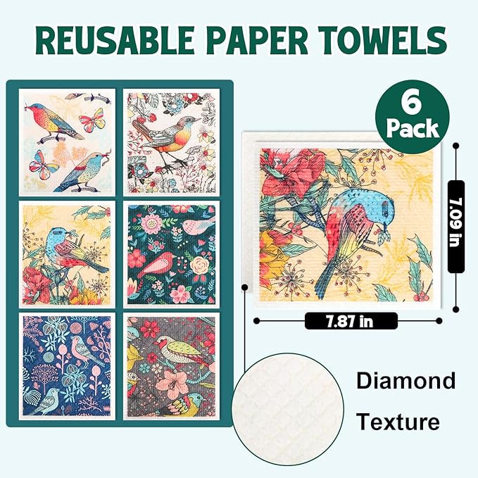 6 Pack Swedish Dishcloths for Kitchen, Swedish Dish Cloths, Reusable Paper Towels, Washable Kitchen Cloth, 100% Biodegradable, Super Absorbent, Quick Drying