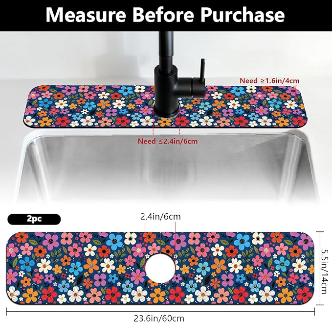 2 Pcs Floral Print Kitchen Sink Splash Guard Faucet Mat Plants Floral patterns Faucet Mat for Sinks Absorbing Drying Mats for Kitchen Bathroom, 23.6x5.5inch