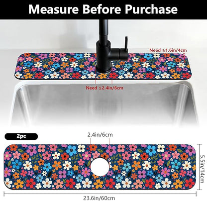 2 Pcs Floral Print Kitchen Sink Splash Guard Faucet Mat Plants Floral patterns Faucet Mat for Sinks Absorbing Drying Mats for Kitchen Bathroom, 23.6x5.5inch