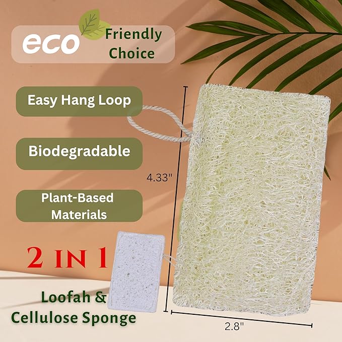 Loofah Sponge for Dishes – 2-in-1 Natural Dish Sponges, Pack of 4, Made with Loofah & Cellulose, Plastic-Free, Biodegradable, Fast-Drying, Non-Scratch & Hygienic