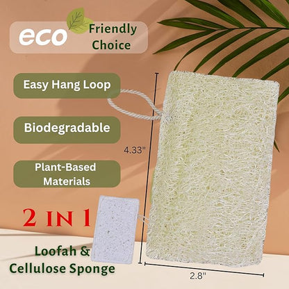 Loofah Sponge for Dishes – 2-in-1 Natural Dish Sponges, Pack of 4, Made with Loofah & Cellulose, Plastic-Free, Biodegradable, Fast-Drying, Non-Scratch & Hygienic