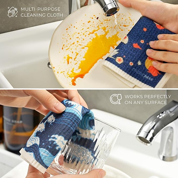 MAISONOVO Swedish Dishcloths for Kitchen | Reusable Paper Towels with Hook | Reusable Paper Towels Washable | Swedish Dishcloth Reusable Paper Towel | Kyoto Fish - Pack of 2