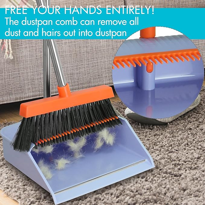2-Pack Broom and Dustpan Set for Sweeping Indoor, Broom Dustpan with 48" Long Handle, Broom with Dustpan Combo Set(Purple)