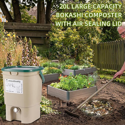 20L Bokashi Compost Bin, 5.28 Gallon Compost Bin for Kitchen Composter with Lid, Bokashi Start Kit with Bran (Tan & Dark Green) (20L/5.28GAL Tan & Dark Green)
