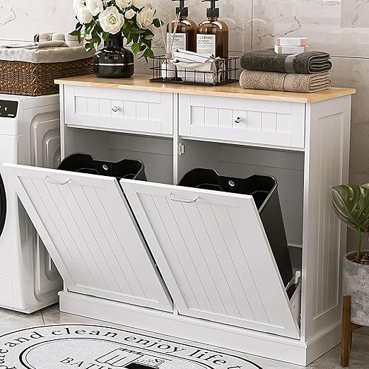 AHB Double Tilt Out Trash Can Cabinet Hidden Kitchen Trash Can, 2x13 Gallons Freestanding Recycling Cabinet with Hideaway Drawers Pet Proof Trash Can for Kitchen Living Room, White