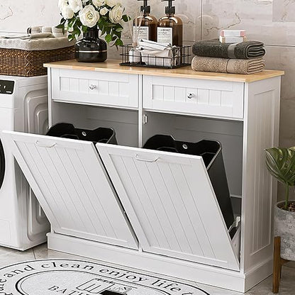 AHB Double Tilt Out Trash Can Cabinet Hidden Kitchen Trash Can, 2x13 Gallons Freestanding Recycling Cabinet with Hideaway Drawers Pet Proof Trash Can for Kitchen Living Room, White