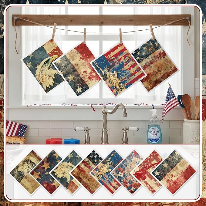 Tegeme 8 Pcs Patriotic Swedish Dishcloth 4th of July Red White Blue Swedish Dish Cloth 250 Anniversary American Flag Eagle Kitchen Dish Towel Absorbent Cotton Reusable for Independence Day Home Party