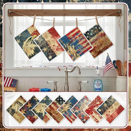 Tegeme 8 Pcs Patriotic Swedish Dishcloth 4th of July Red White Blue Swedish Dish Cloth 250 Anniversary American Flag Eagle Kitchen Dish Towel Absorbent Cotton Reusable for Independence Day Home Party