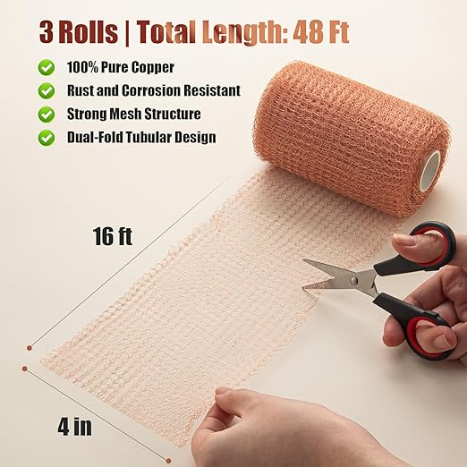 3rd Gen Copper Mesh Rodent Control Kit, 100% Pure Copper Wool for Slugs Snail Pest Bird Mice Rat Control, 3 Rolls Mesh Roll Wrap Wire with Scissors