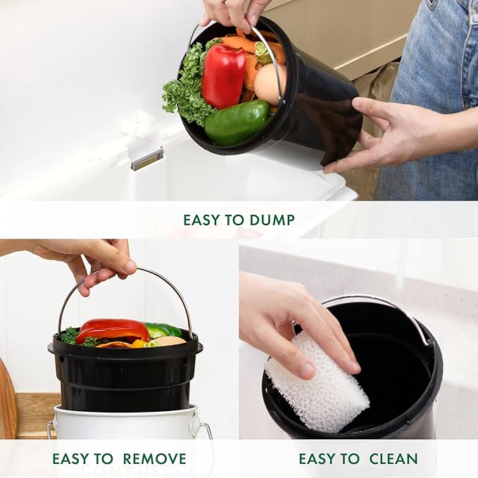 White 1.3 Gallon Indoor Compost Bin Kitchen Odorless with Lid for Composting Food Waste Bucket for Counters, Stainless Steel Kitchen Compost Bin Countertop Trash Can Scrap Container Composter Caddy