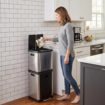 HOLDN’ STORAGE 36L Triple-Compartment Trash & Recycling Bin for Kitchen, Multi-Access Opening, Odor Control, Stainless Steel, 3 Trash Bag Rolls Included