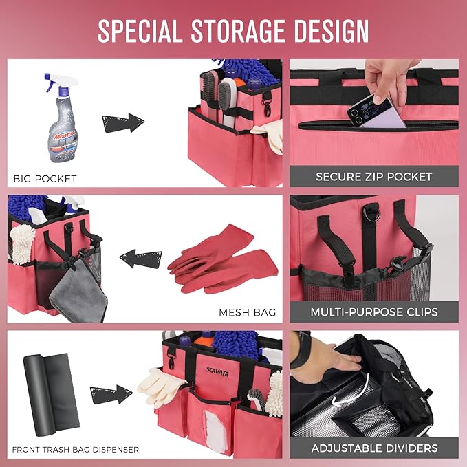 SCAVATA Wearable Cleaning Caddy Bag, Cleaning Caddy Supplies Organizer with Handle & Shoulder Straps for Housekeepers, Under Sink & Car Cleaning Tool Organizers with 4 Foldable Divider (RoseRed)