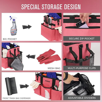 SCAVATA Wearable Cleaning Caddy Bag, Cleaning Caddy Supplies Organizer with Handle & Shoulder Straps for Housekeepers, Under Sink & Car Cleaning Tool Organizers with 4 Foldable Divider (RoseRed)
