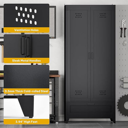 DWVO Metal Garage Storage Cabinet with Pegboard, 71" Tall Broom Cabinet with Lights, Adjustable Shelves, Heavy Duty Tool Storage Cabinet for Garage, Cleaning Room, Gym