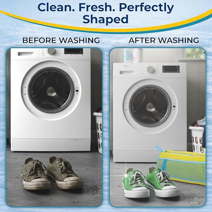 Shoe Washing Machine Bag with Shoe Trees and Deodorizer Bags, 2 Pcs Reusable Sneaker Laundry Bag for Washer and Dryer, 360 Deep Cleaning Shoe Washing Bag with Zipper, All Shoe Types & Sizes, Yellow