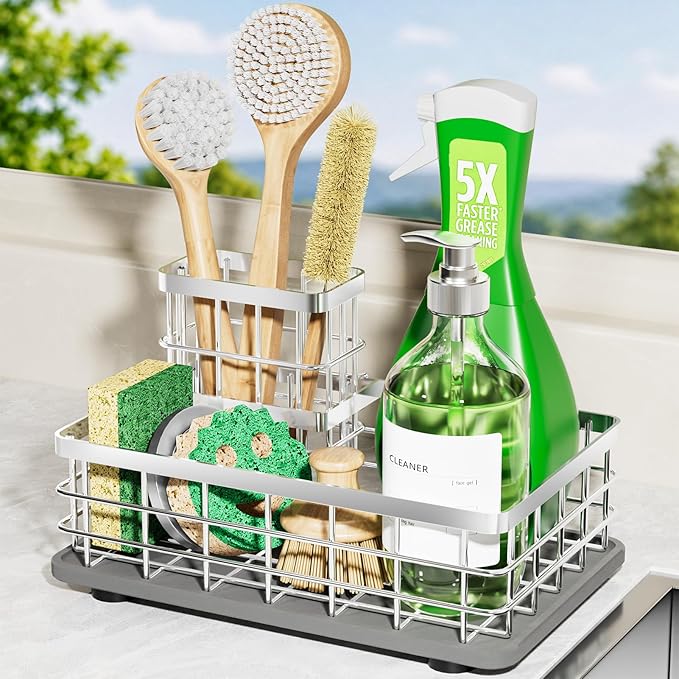 Extra Large Sink Caddy Organizer, Stainless Steel Sponge Holder for Kitchen Sink with Brush Holder, Diatomite Stone Drying Tray for Soap Dispenser,Sponge, Kitchen Essentials and Gadgets, Silver