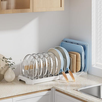 MUDEELA Pot Lid Organizer Rack for Cabinet, Expandable Pots and Pans Organizer under Cabinet with 12 Adjustable Dividers, Pan Organizers Holder inside Cabinet for Cutting Boards, Baking Sheets, White