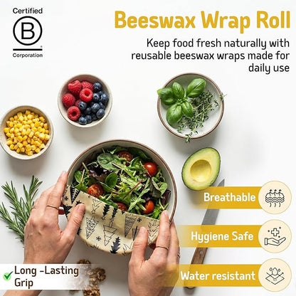 SUPERBEE Reusable Beeswax Wraps for Food – XL Beeswax Wrap Roll (35x13"), Bees Wrap Paper for Wrapping Cheese, Veggies, Sandwiches & Bowl Covers, Festive Holiday Print, Sustainable Gift Idea
