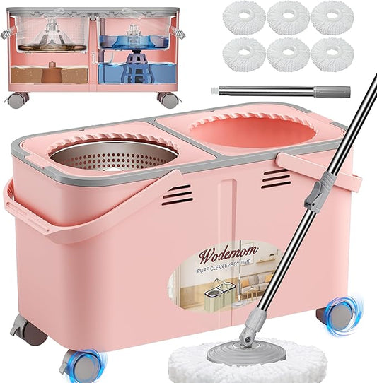 2026 Upgraded Gen 2 Spin Mop and Bucket Set with 4 Swivel Wheels for Easy Rolling, Separates Clean & Dirty Water, Floor Mop with 6 Washable Mop Heads for Wood, Tile, Vinyl, Baseboards - Pink