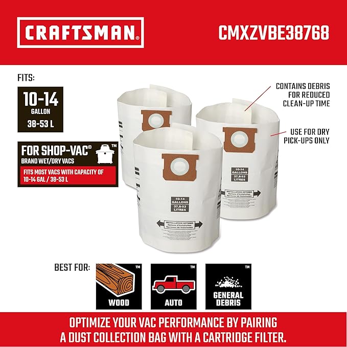 CRAFTSMAN CMXZVBE38768 General Purpose Wet Dry Vac Dust Collection Bags for Most 10 to 14 Gallon Shop Vacuums, Collects Dry Only Debris, Reduces Cleanup Time, 3-Pack