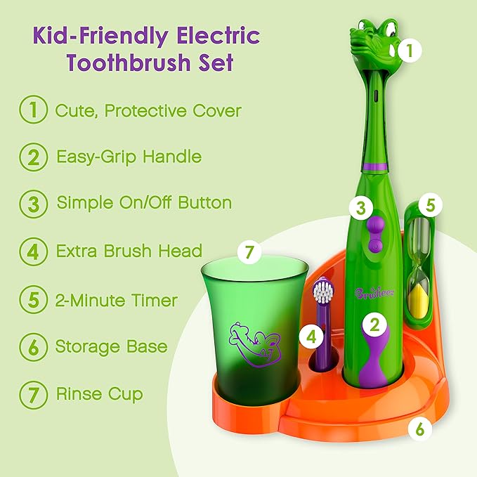 Brusheez Kids’ Electric Toothbrush Set - Safe & Effective for Ages 3+ - Parent Tested & Approved with Gentle Bristles, 2 Brush Heads, Rinse Cup, 2-Minute Timer, & Storage Base (Snappy the Croc)