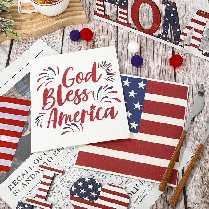 AnyDesign Patriotic Swedish Dishcloths American Flag Star Stripe Kitchen Dish Towel Reusable 4th of July Cotton Dish Cloth for 250th Anniversary Independence Day Home Party Cleaning, 7 x 8, 6 Pcs
