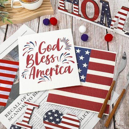AnyDesign Patriotic Swedish Dishcloths American Flag Star Stripe Kitchen Dish Towel Reusable 4th of July Cotton Dish Cloth for 250th Anniversary Independence Day Home Party Cleaning, 7 x 8, 6 Pcs