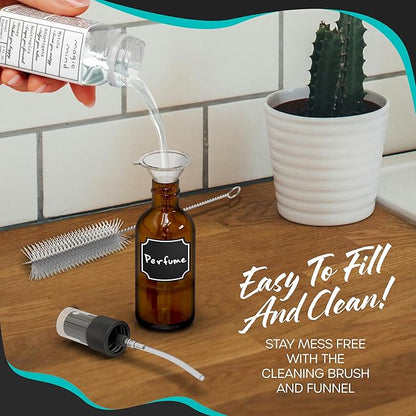 Nevlers Amber Glass Spray Bottles Small 1 Oz 48 PK | Mini Spray Bottle Set w/Amber Bottles, Shrink Wrap, Labels, Marker, Funnel & Brush | Travel Size Mist Bottle For Use as Oil Mister & Hair Mister