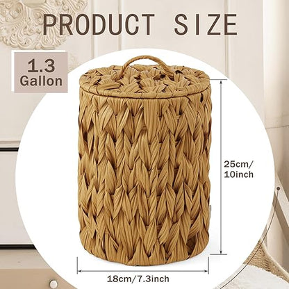 Ctosree 1.3 Gallons Small Trash Can with Lid Handle Boho Woven Braided Bathroom Waste Basket Trash Can with 100 Garbage Bags for Bedroom Office Laundry(Braided Polypropylene, Caramel Color)