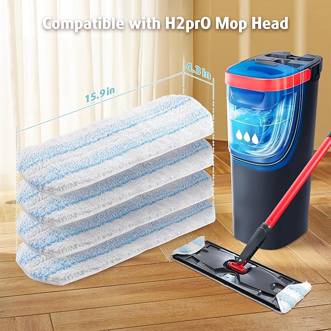 AIR U+ Mop Pad Replacements Compatible with O-Cedar H2prO Flat Mop System, 4 Pack Machine Washable Reusable Microfiber Heads, Wet Dry Cleaning Pad Refills for All Floor Types