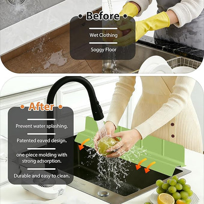 23Inch Sink Splash Guard – Extended Length & Tall Silicone Kitchen Sink Splash Guard with Overhang Drainage Design & Strong Suction Cups for Countertop (Green, 23''x3.5'')