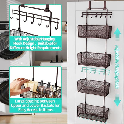 HapiRm Over The Door Organizer - Hanging Door Organizer with 4 Metal Large Capacity Baskets and Adjustable Coat Hook for Bathroom Bedroom Kitchen Pantry Closet Cabinet