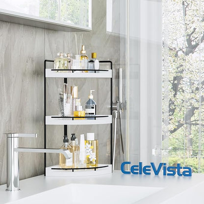 Corner Bathroom Counter Organizer, 3 Tier Bathroom Sink Shelf Countertop, Wood Vanity Skincare Storage for Toiletries Decor, Makeup, Dresser (White)