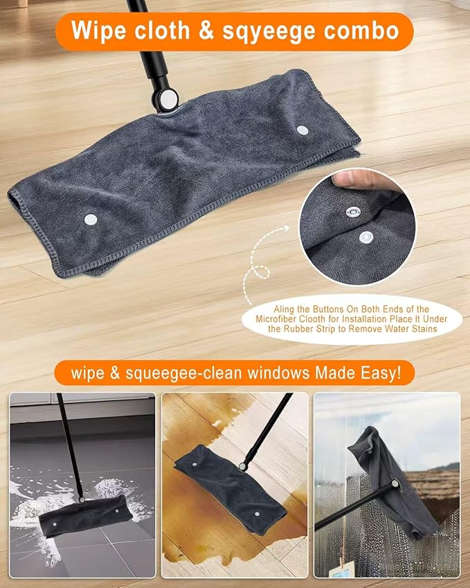 Heavy Duty Floor Squeegee for Concrete Floor– 14.2” Rubber Broom with Cloth Clip Design, 52” Extendable Window Cleaner, Squeegee Broom for Floor, Bathroom, Garage, Tile,Patio &Shower