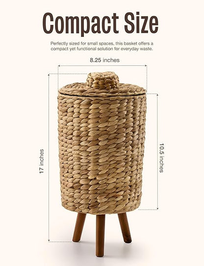 Tidita 1.5 Gallon Wicker Trash Can with Lid, Water Hyacinth Wicker Waste Basket for Bathroom - Decorative Bathroom Trash Can with Wooden Leg - Rattan Garbage Can with a Lid, Liner - Assembly Required