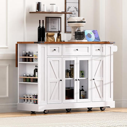 53" Farmhouse Kitchen Island with 2 Tempered Glass Cabinet Doors, Power Outlet, Rolling Kitchen Cart on Wheels with Drop Leaf, 5 Open Side Racks, 3 Drawers, for Kitchen, White