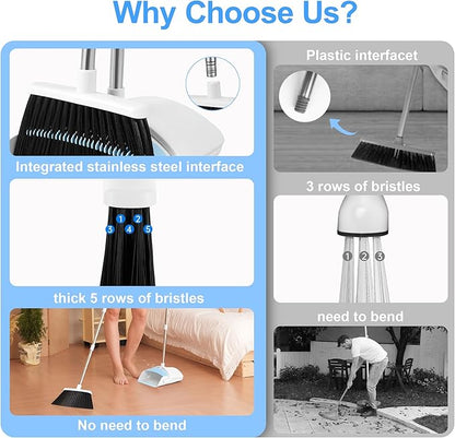 BSKLIN Broom and Dustpan Set, Broom with Dustpan Combo Set with Teeth to Clean Pet Hair 52-in Long Adjustable Handle Broom for Home Office Kitchen Lobby